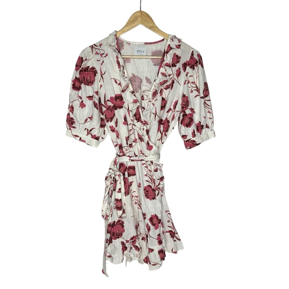 MISA Dress Small White Pink Thora Floral Ruffle Mini Wrap Abstract Peony  small - Picture 3 of 12